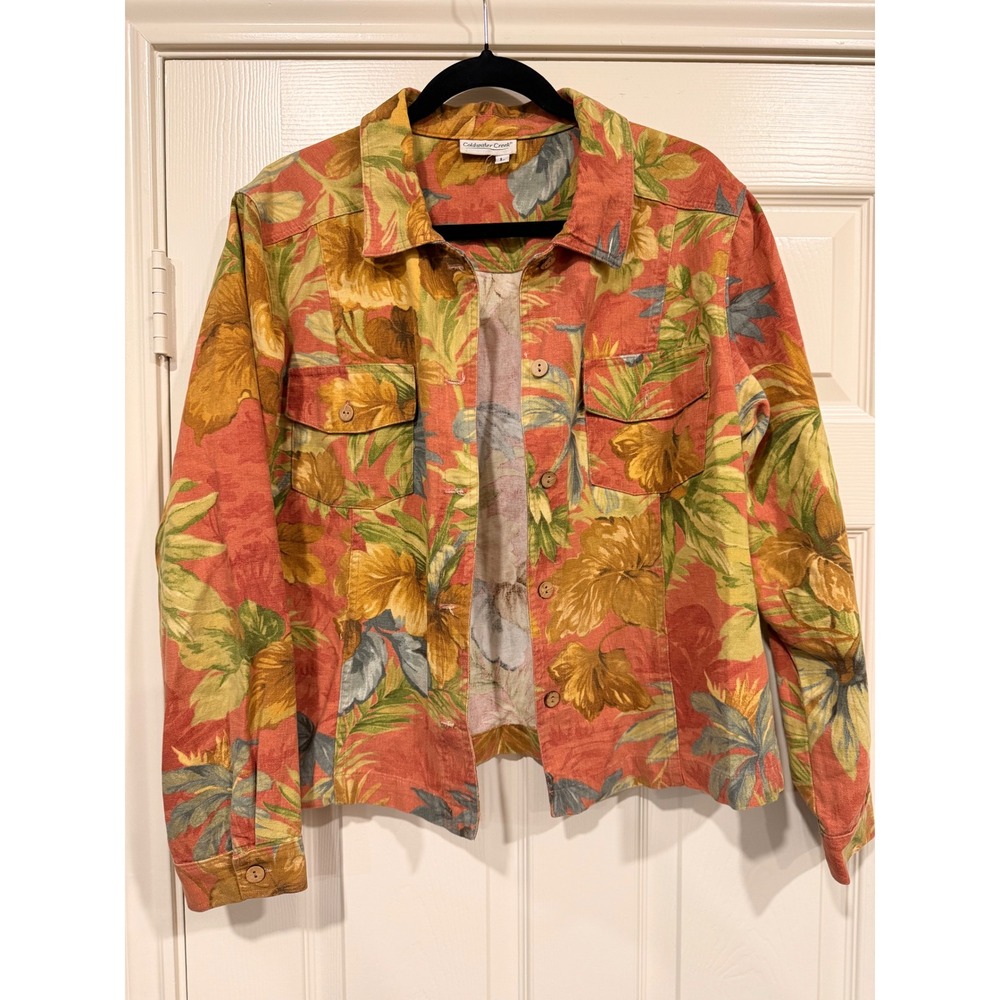 #B4 COLDWATER CREEK Sz. Large Lightweight fall floral button up jacket 22" PTP